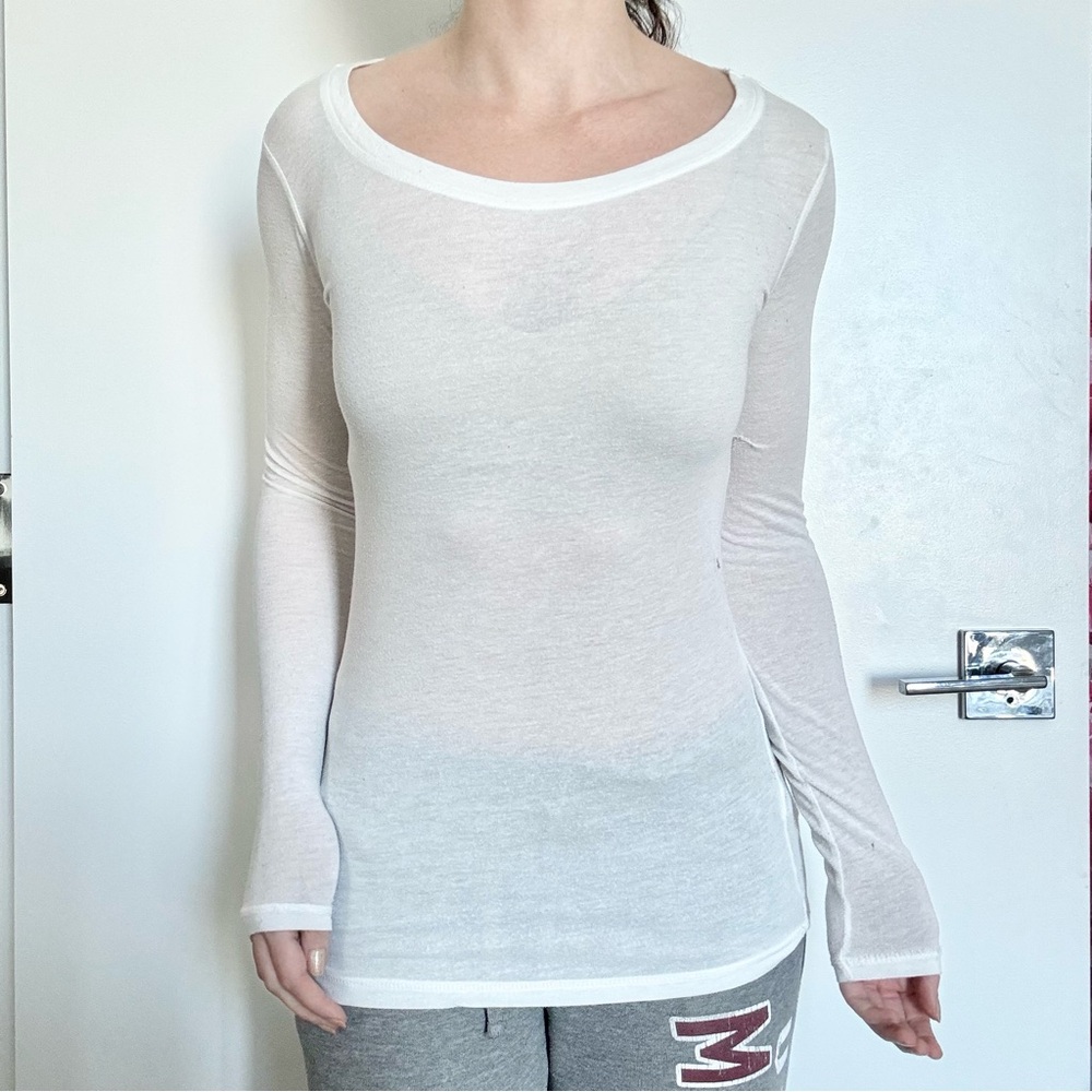 Forever 21 White Long Sleeve Shirt Scoop Neck Sheer Y2K Elena Gilbert Basic